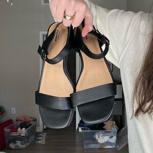 Black faux leather strappy block heel sandals